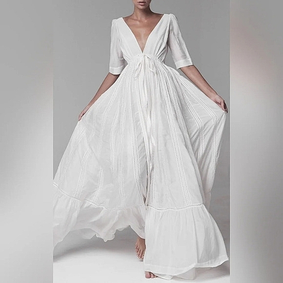 Kalita Ushi Maxi Dress Silk Lattice Plunge necklace flowy White size xs - Picture 6 of 14